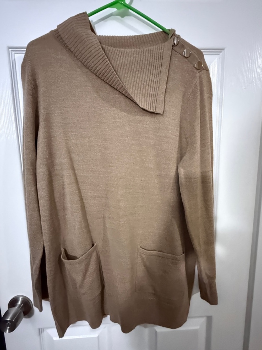 NY&CO Cozy Tunic Tan Asymmetric Collar Sweater with Pockets